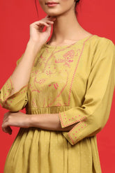 Olive Rayon Printed A-Line Kurta